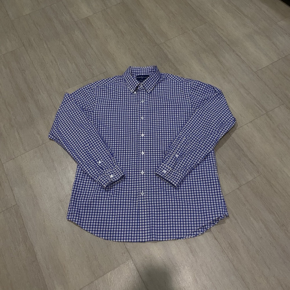 Ralph Lauren Mens Blue Gingham Button Down Shirt Custom Fit Fine 100s XL